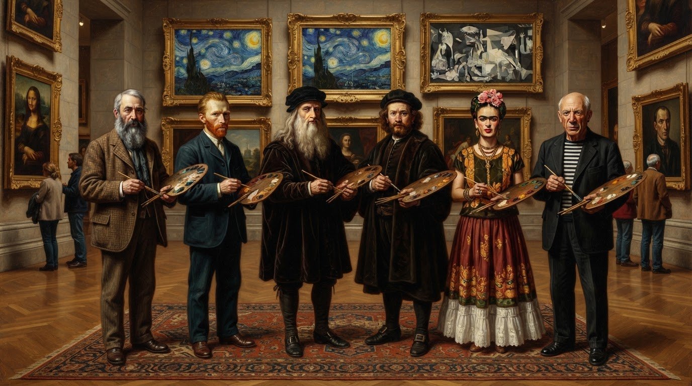 Grandes artistas de la historia del arte: Leonardo da Vinci, Van Gogh, Picasso, Frida Kahlo, Rembrandt y Monet en un retrato de grupo
